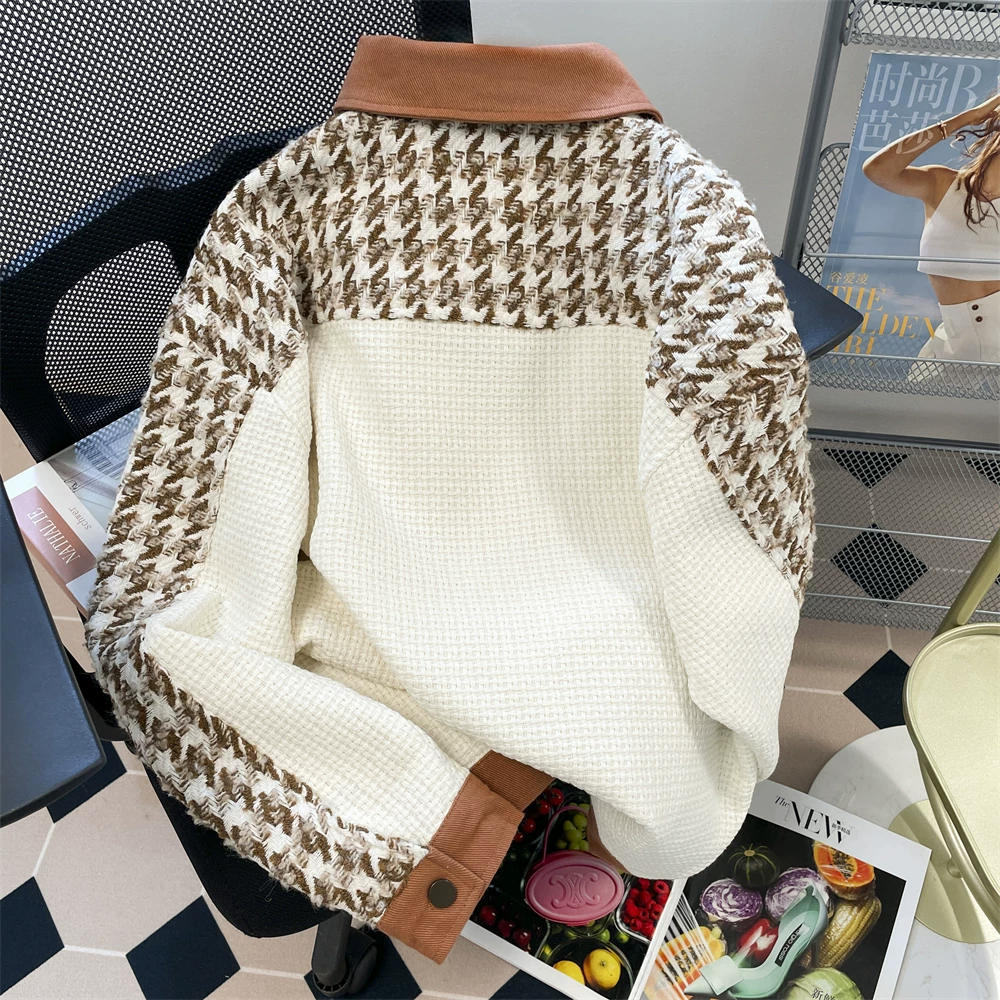 Áo khoác kiểu Pháp houndstooth áo sơ mi có cổ giản dị mùa thu của phụ nữ xu hướng quốc gia trang phục công sở kiểu Mỹ áo khoác bóng chày áo khoác
