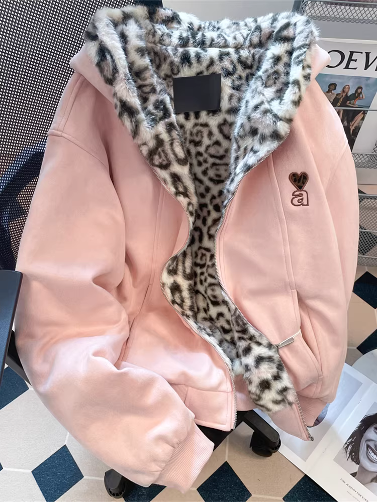 Áo khoác nỉ có mũ trùm đầu họa tiết báo đốm, tai thỏ dễ thương phong cách retro Mỹ dành cho nữ, chất liệu nhung dày dặn, thích hợp cho mùa thu đông