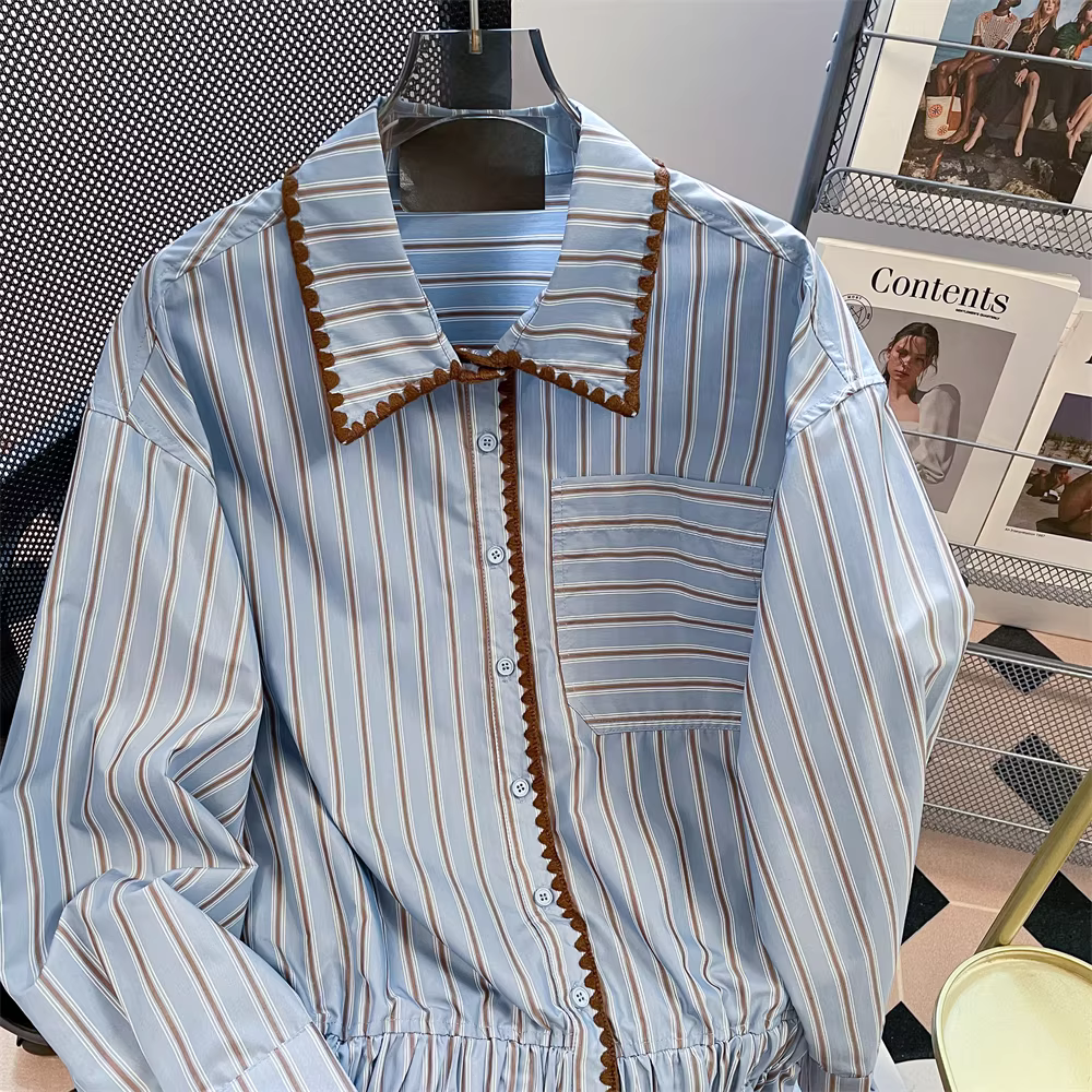 Áo sơ mi sọc xanh kiểu Pháp dành cho nữ, mùa xuân thu, áo sơ mi dài tay cao cấp, sang trọng, độc đáo và độc đáo