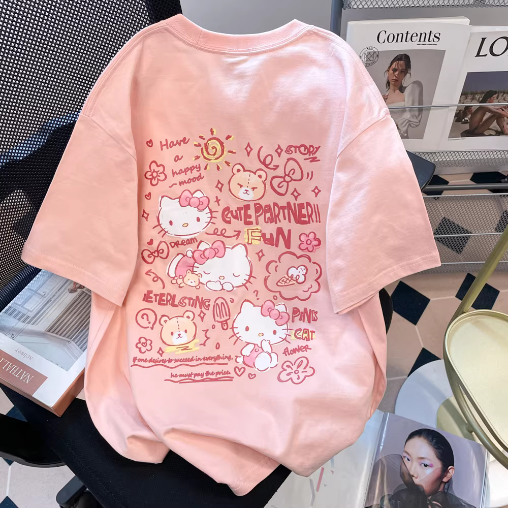 Áo thun ngắn tay hình mèo KT màu hồng dễ thương phong cách Hàn Quốc dành cho nữ, mùa hè ngọt ngào và thời trang, áo kiểu dáng trẻ trung và giảm tuổi tác dành cho người có vóc dáng nhỏ nhắn.