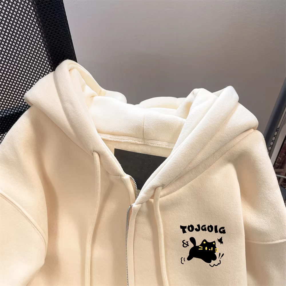 Áo khoác len kiểu dáng trẻ trung màu mơ sữa dành cho nữ, dáng rộng, lót lông cừu, dày dặn, áo cardigan có mũ trùm đầu cho mùa cuối thu và đầu đông.