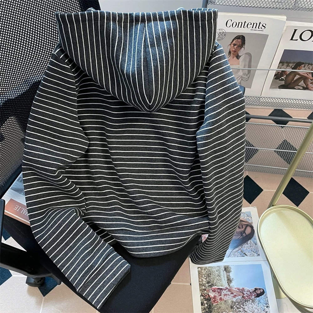 Áo khoác cardigan có mũ trùm đầu, khóa kéo, sọc kiểu Mỹ dành cho nữ, mùa thu 2025, dáng ôm, eo thon, áo dài tay tôn dáng