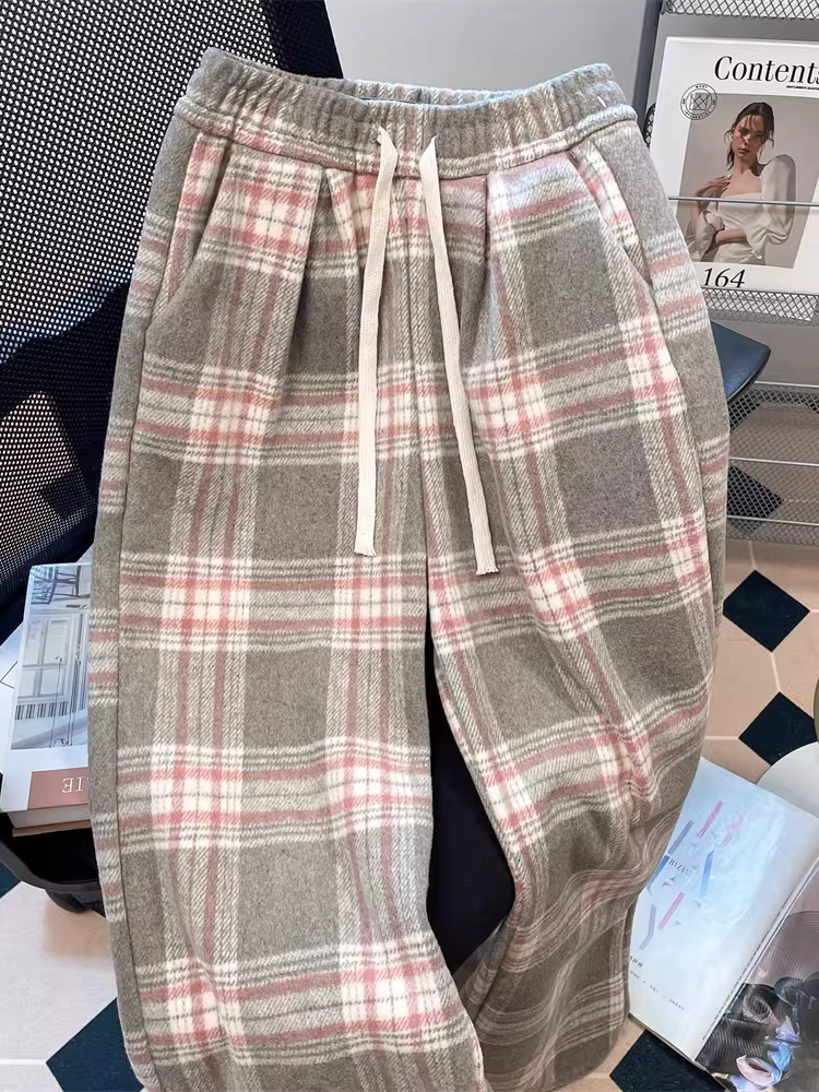 Quần ống rộng kẻ sọc len kiểu Hàn Quốc siêu đẹp dành cho nữ, đa năng cho mùa thu đông, phong cách lười biếng, quần đi bộ ống thẳng mềm mại.
