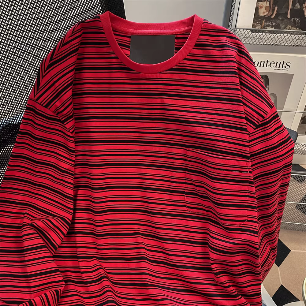 Áo thun dài tay sọc đen đỏ cổ điển của Mỹ dành cho nữ, thiết kế đầu thu, áo lót bên trong kiểu dáng độc đáo.