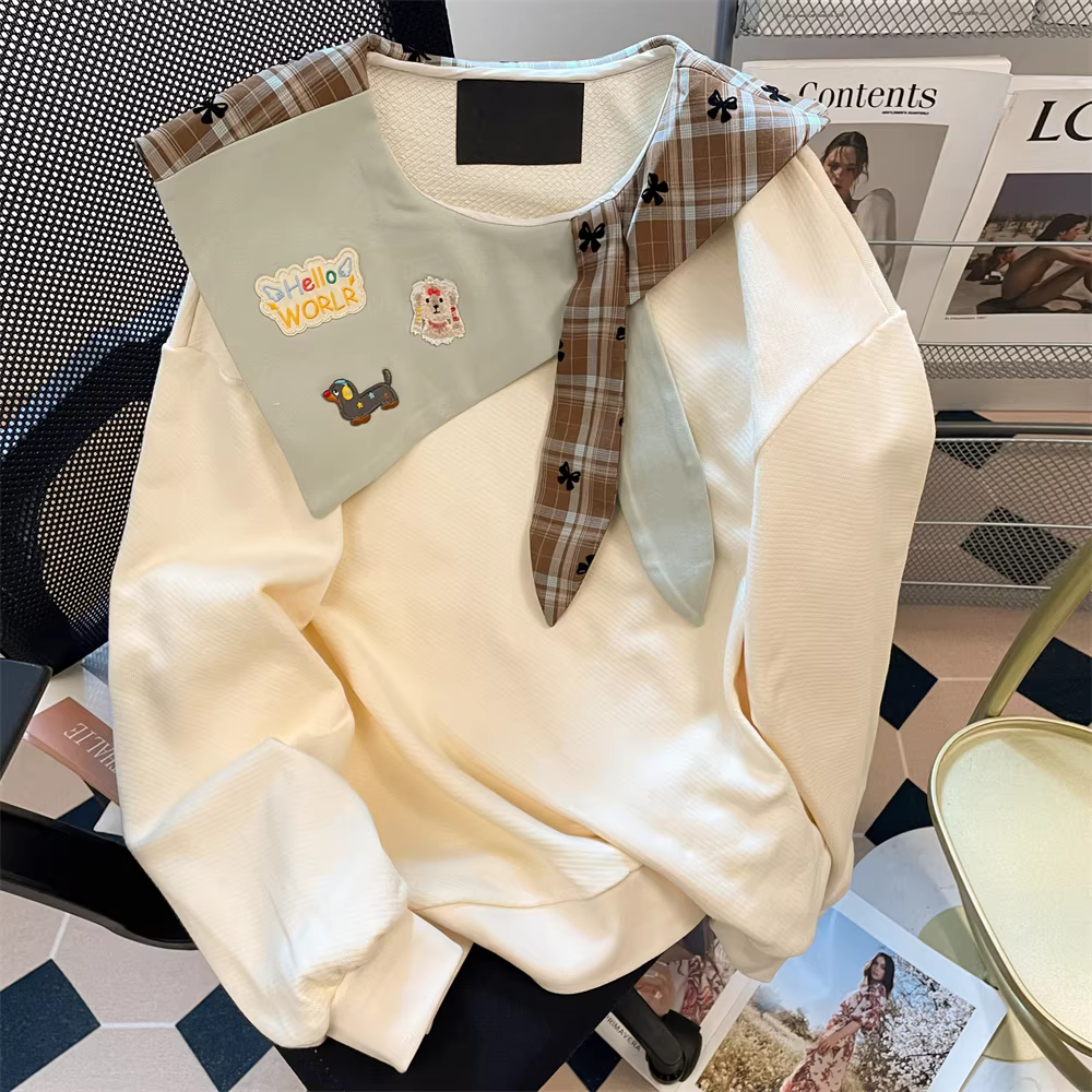 Áo nỉ phối màu cổ thủy thủ dễ thương cho bé gái, kiểu mới xuân thu 2025, nhỏ nhắn và sành điệu, áo trẻ trung