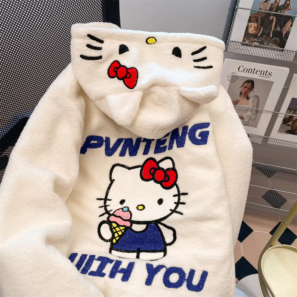 Áo khoác cotton len cừu mềm mại dễ thương kiểu Nhật dành cho nữ, áo khoác dày dặn mùa đông kiểu dáng nhỏ nhắn thêu hình Hello Kitty