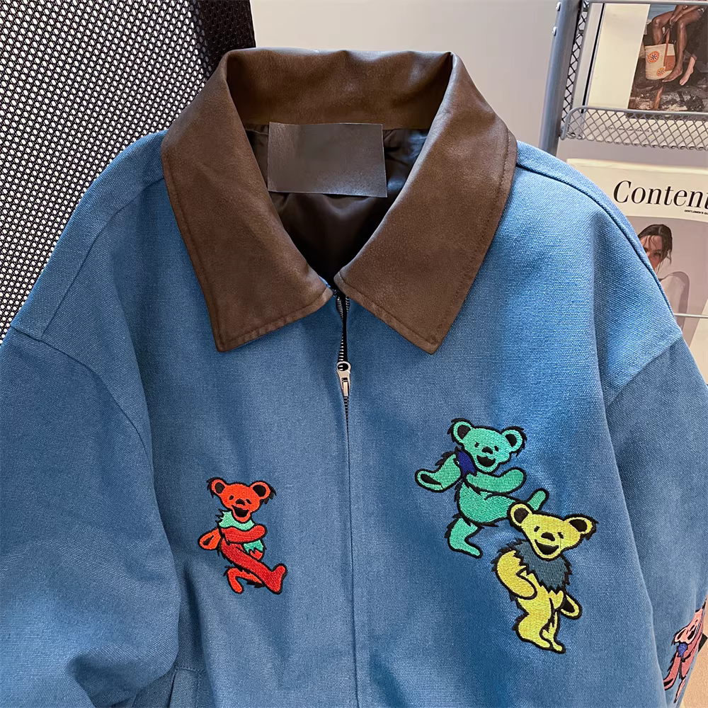 Áo khoác denim thêu hình gấu cổ điển của Mỹ dành cho nữ vào mùa thu đông, áo khoác cổ điển thiết kế độc đáo dành cho các cặp đôi