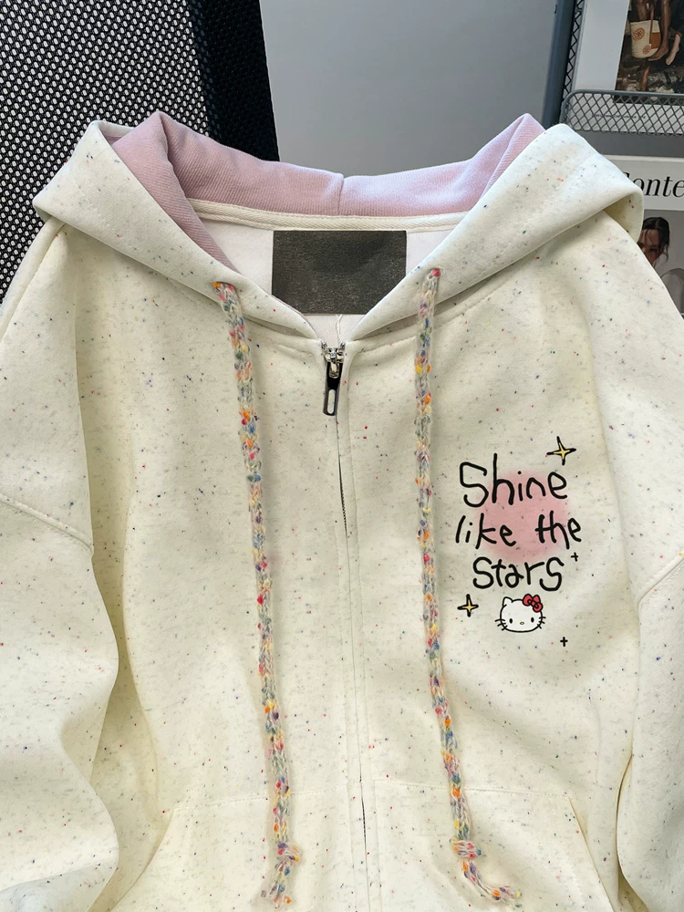 Áo hoodie họa tiết mèo Kitty chấm bi nhiều màu sắc, phong cách hoạt hình độc đáo dành cho nữ, trang phục dễ thương mùa thu dành cho sinh viên mỹ thuật