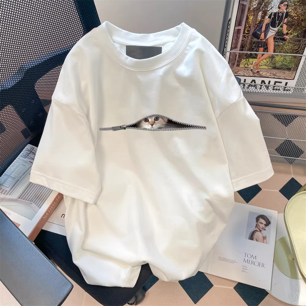 Áo thun ngắn tay hình mèo con dễ thương và vui nhộn kiểu Nhật dành cho nữ, áo nửa tay dáng rộng giản dị hợp thời trang độc đáo và tinh tế