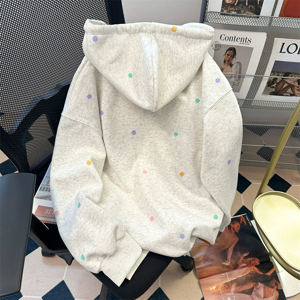 Áo len cardigan họa tiết chấm bi đầy màu sắc phong cách đại học Hàn Quốc dành cho nữ, áo khoác có mũ trùm đầu kiểu Mỹ dáng rộng mùa thu