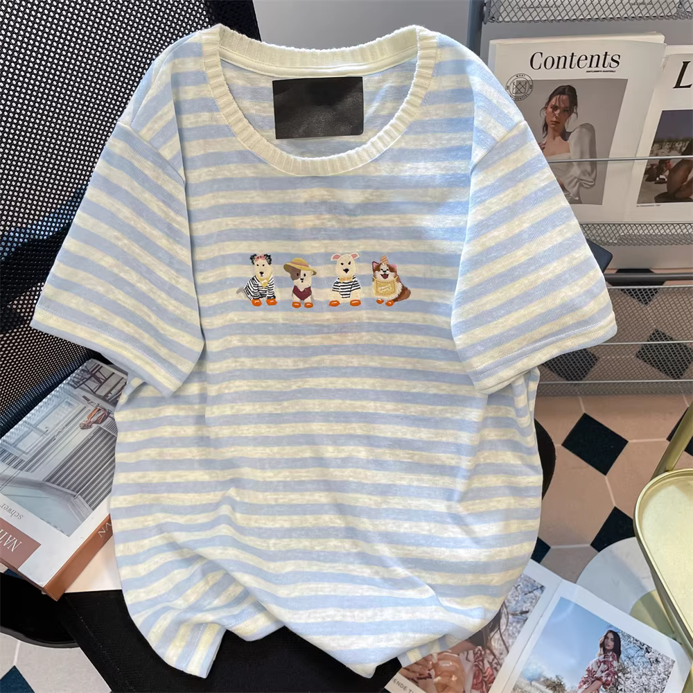 Áo thêu chó sọc xanh trắng dễ thương phong cách Hàn Quốc dành cho nữ, dáng rộng thoải mái mùa hè, vai thường, thon gọn, áo thun ngắn tay đa năng