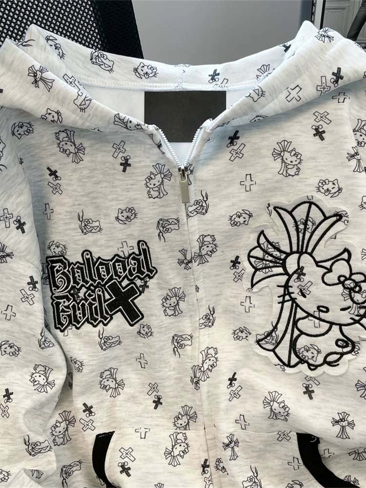 Áo nỉ có mũ trùm đầu in hình mèo KT dễ thương theo phong cách Mỹ dành cho nữ, áo khoác cardigan có khóa kéo lót lông phong cách đại học cổ điển mùa thu đông