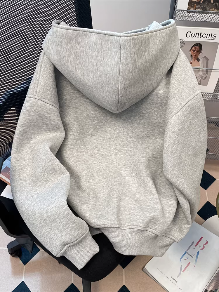 Áo len giản dị và đa năng cao cấp kiểu Mỹ dành cho nữ trong mùa thu đông, áo khoác cardigan có mũ trùm đầu có khóa kéo đôi lót lông cừu