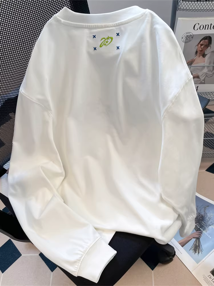 Áo thun dài tay thêu hình ngôi sao kiểu lười biếng phong cách Hàn Quốc dành cho nữ, áo đôi oversize phong cách retro cổ điển mùa thu