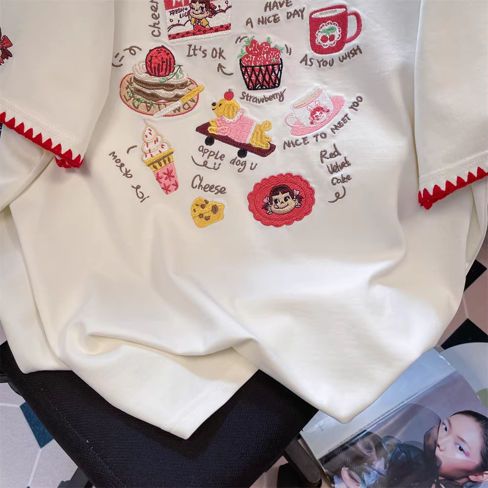 Áo thun ngắn tay thêu hoạt hình dễ thương phong cách Hàn Quốc dành cho nữ, thiết kế mùa hè, kiểu dáng độc đáo và độc đáo