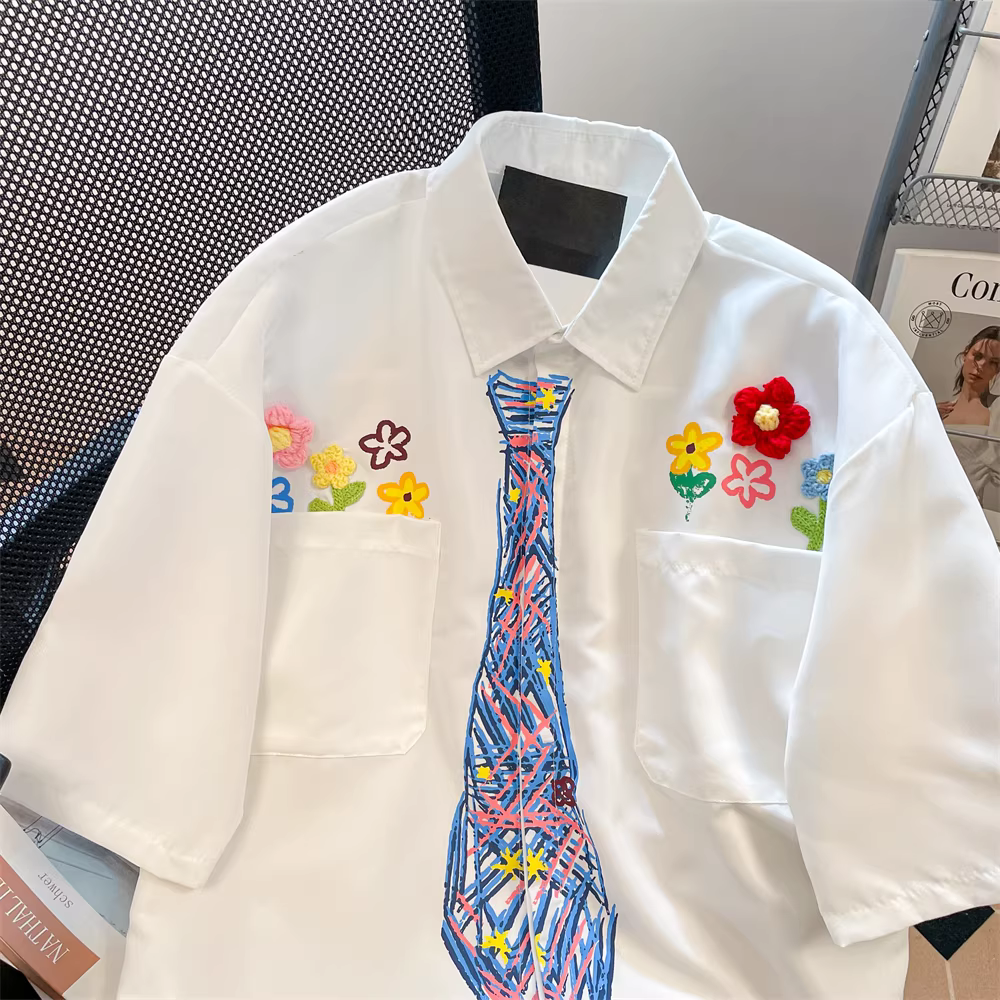Áo sơ mi ngắn tay thêu hoa màu trắng dành cho nữ, áo khoác mùa hè dáng rộng cao cấp độc đáo