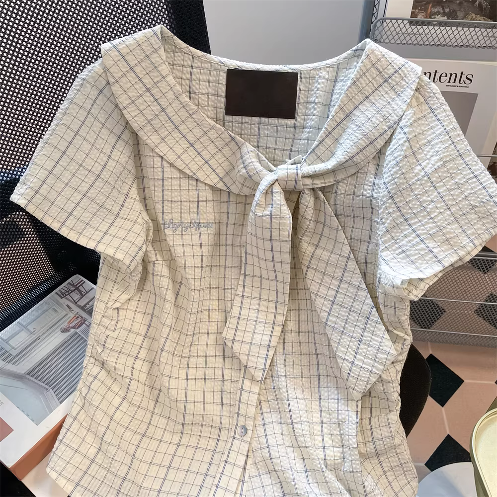 Áo sơ mi kẻ sọc cổ bồng kiểu cổ điển Pháp dành cho nữ, kiểu dáng ôm sát mùa hè, áo tay phồng chất liệu có vân dành cho công sở