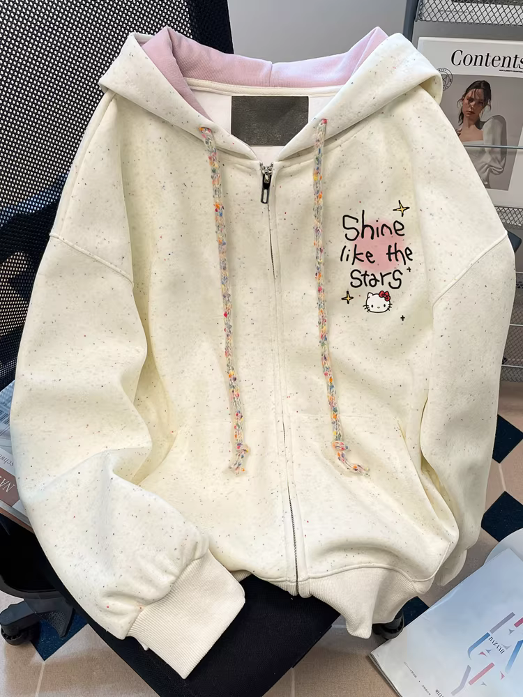 Áo hoodie họa tiết mèo Kitty chấm bi nhiều màu sắc, phong cách hoạt hình độc đáo dành cho nữ, trang phục dễ thương mùa thu dành cho sinh viên mỹ thuật