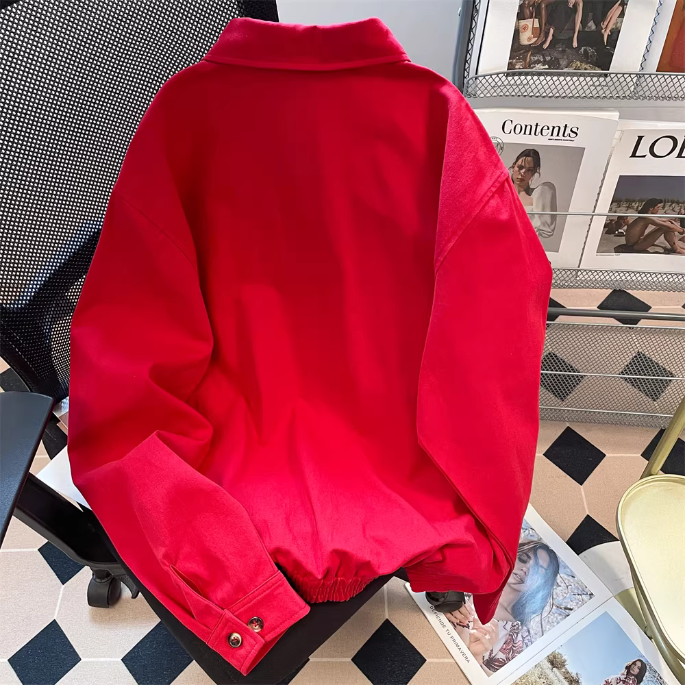 Áo khoác có cổ màu đỏ kiểu Mỹ dành cho nữ, mùa thu đông, cao cấp, thích hợp, giản dị, áo cardigan đa năng