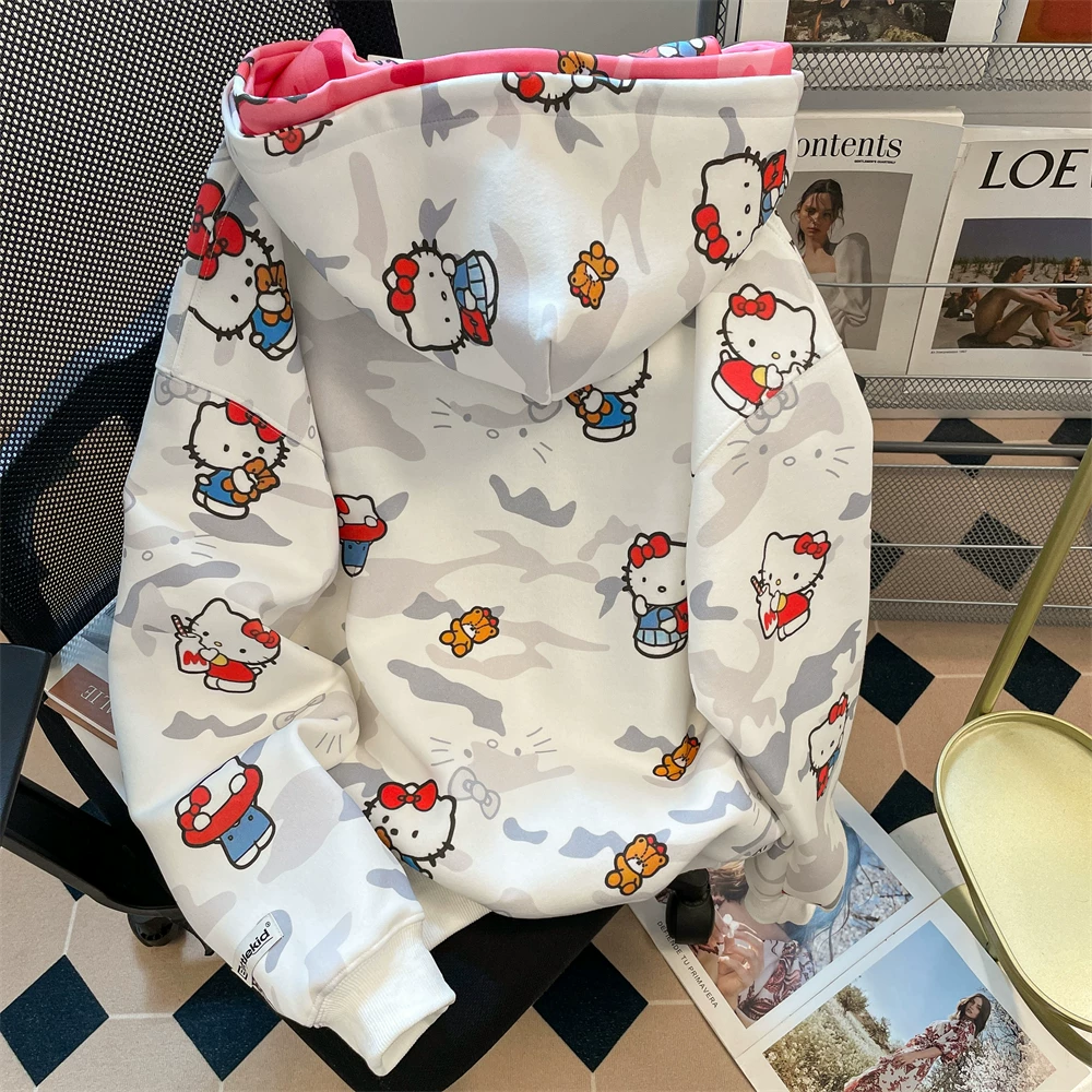 Áo len có mũ trùm đầu kiểu Mỹ ngụy trang hình mèo dễ thương dành cho nữ, áo khoác cardigan có mũ trùm đầu dày dặn lót lông cừu mùa thu đông