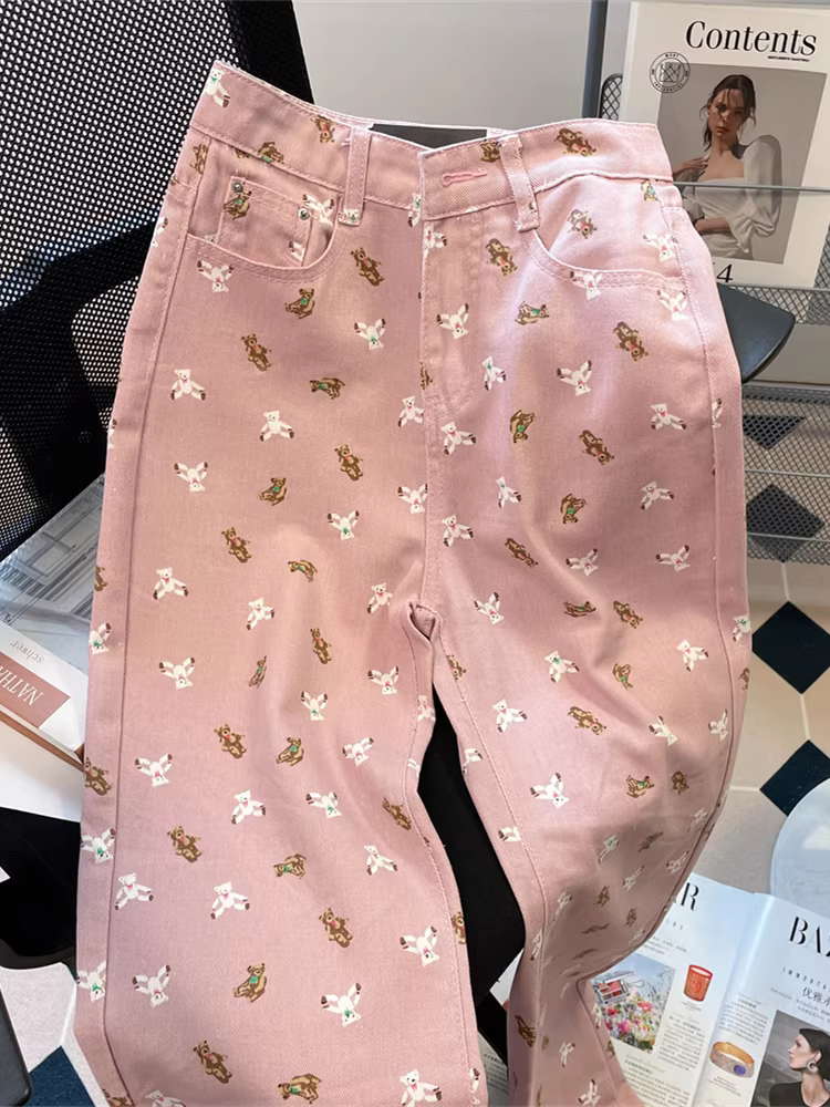 Quần jean ống rộng in hình gấu ngọt ngào màu hồng dành cho nữ, quần dài dáng rộng, dáng suông, cạp cao, dáng suông, mặc mùa hè