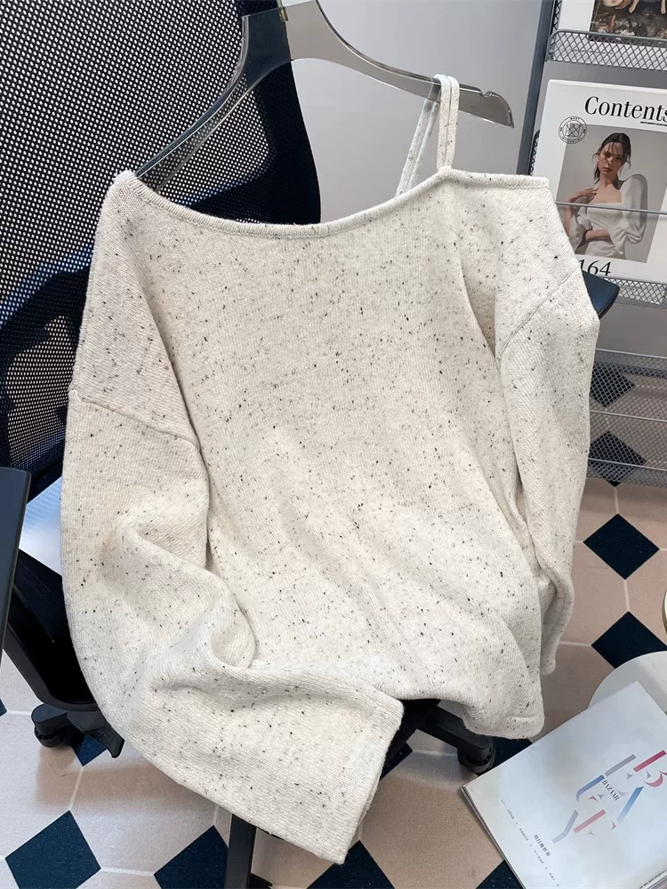 Áo len trễ vai hình mèo KT dễ thương và sành điệu dành cho nữ, phong cách mùa thu Hàn Quốc, áo dệt kim ngọt ngào và trẻ trung