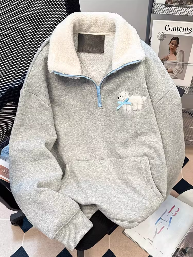 Áo khoác có cổ kiểu Hàn Quốc dành cho nữ, áo polo dài tay dày dặn bằng lông cừu mùa thu đông