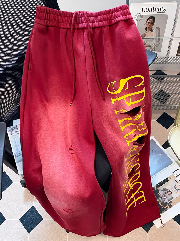 Quần ống rộng màu đỏ rách kiểu đường phố Mỹ dành cho nữ, quần ống rộng dáng rộng phong cách hip-hop mùa thu