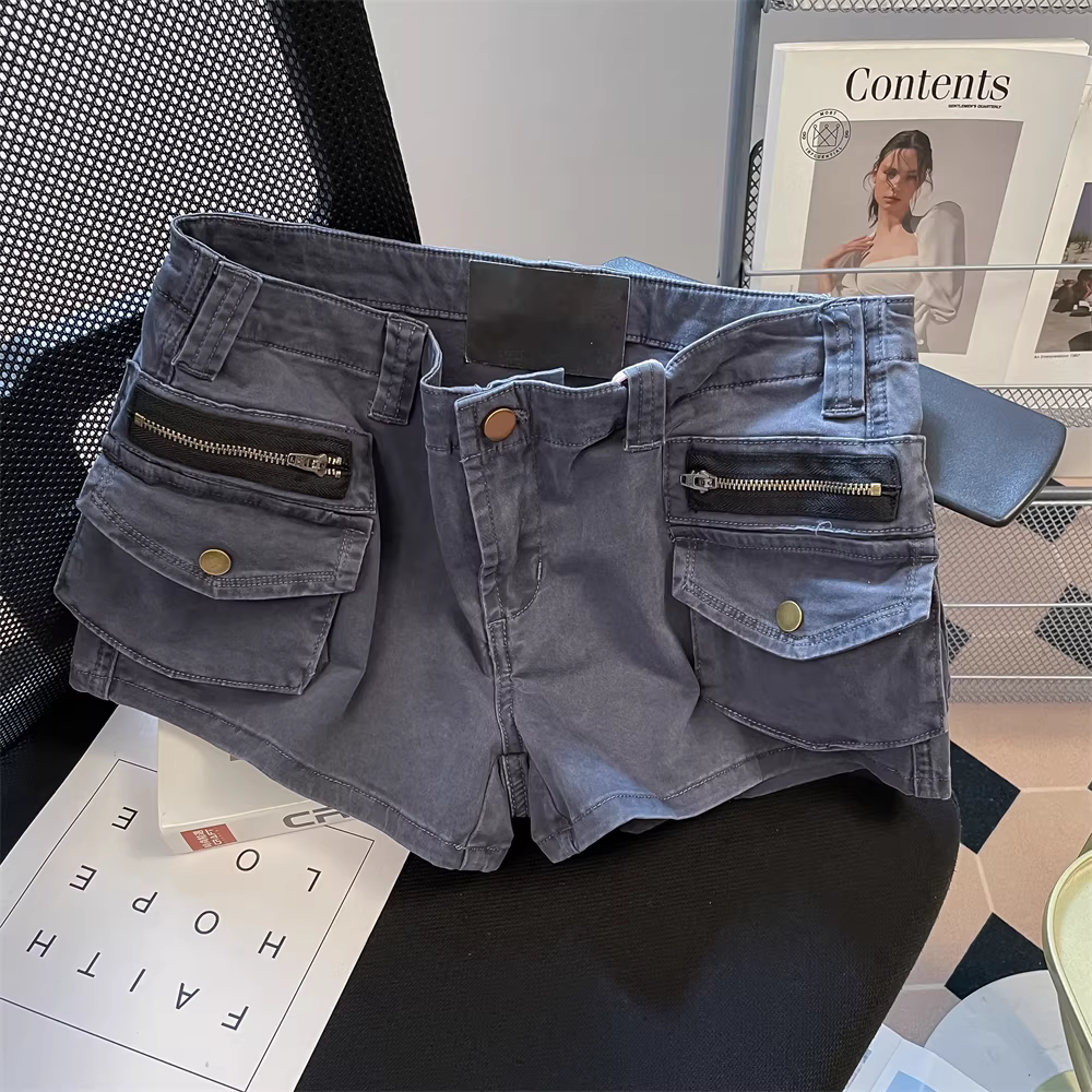 Quần short denim nhiều túi kiểu Mỹ dành cho nữ, quần short siêu ngắn ôm sát dáng chữ A tôn dáng, kiểu hot girl mùa hè