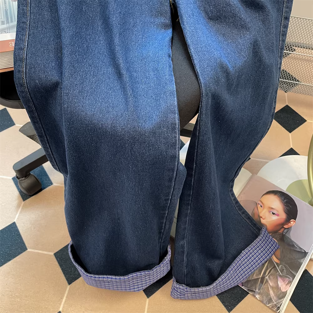 Quần jean kẻ sọc viền gấp đôi kiểu vintage dành cho nữ, thiết kế xuân thu, quần ống rộng dài chấm đất giả hai mảnh độc đáo.