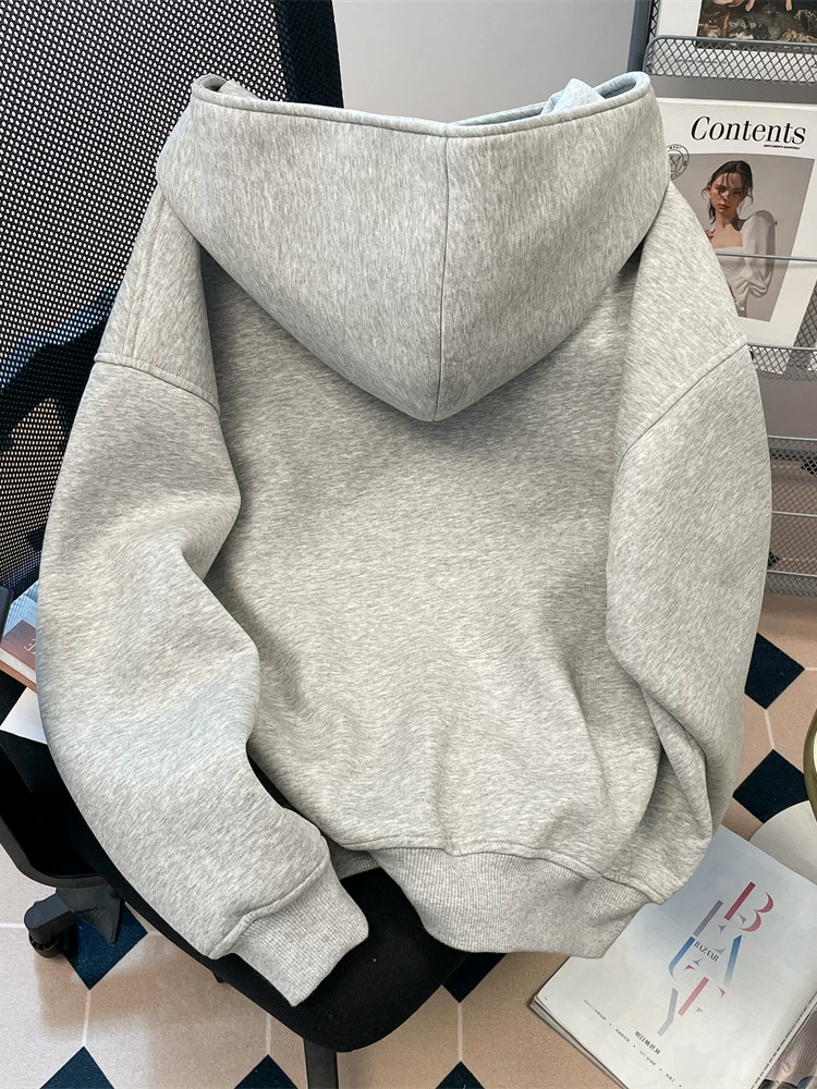 Áo khoác cardigan kiểu dáng thời trang phong cách Mỹ dành cho nữ, lót lông cừu mùa đông và dày dặn, áo khoác có mũ trùm đầu cao cấp có khóa kéo.