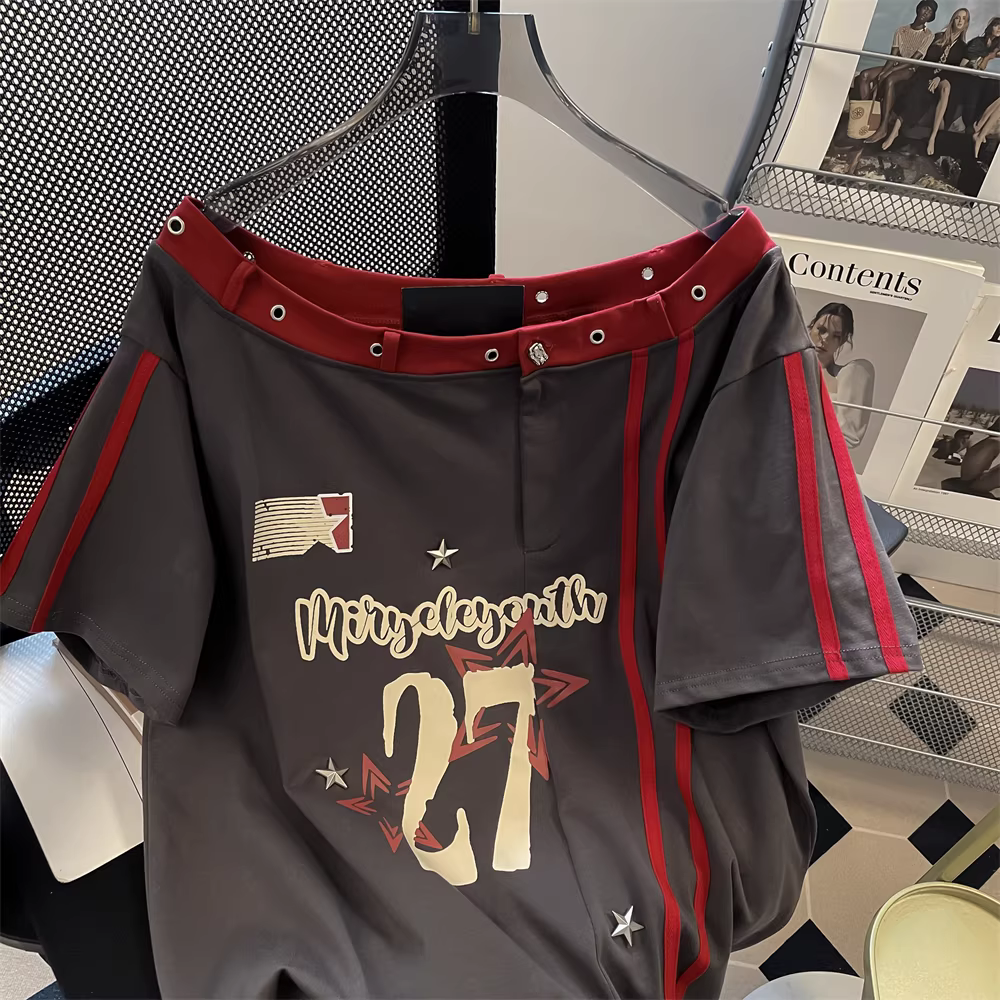 Áo thun ngắn tay trễ vai kiểu jersey ngọt ngào và mát mẻ kiểu Mỹ dành cho nữ, thiết kế độc đáo cao cấp mùa hè, áo dáng rộng và tôn dáng