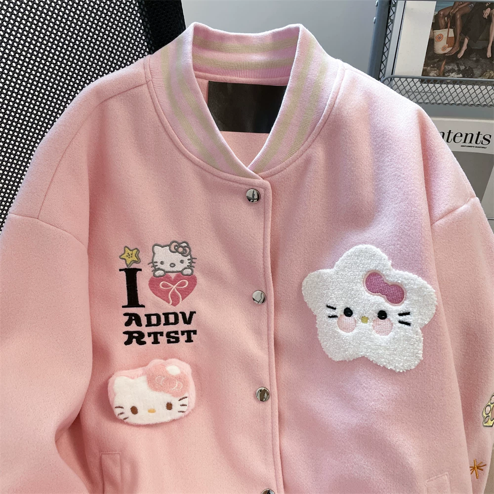 Áo khoác thêu hình mèo Kitty màu hồng ngọt ngào và dễ thương dành cho nữ, áo khoác bóng chày kiểu Nhật giảm tuổi tác sành điệu mùa thu đông