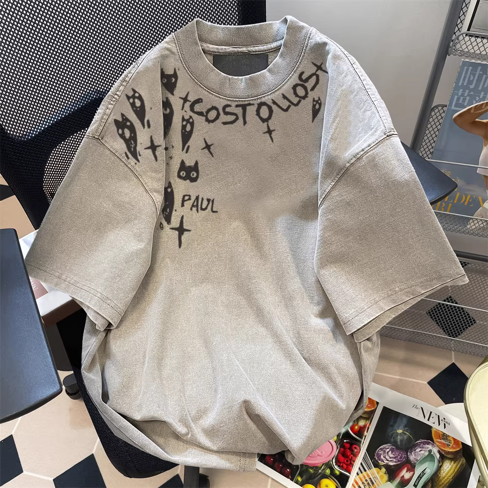 Áo thun ngắn tay kiểu vintage dành cho cặp đôi theo xu hướng quốc gia mùa hè dành cho nữ, áo kiểu dáng rộng rãi, phong cách lười biếng cao cấp của Mỹ