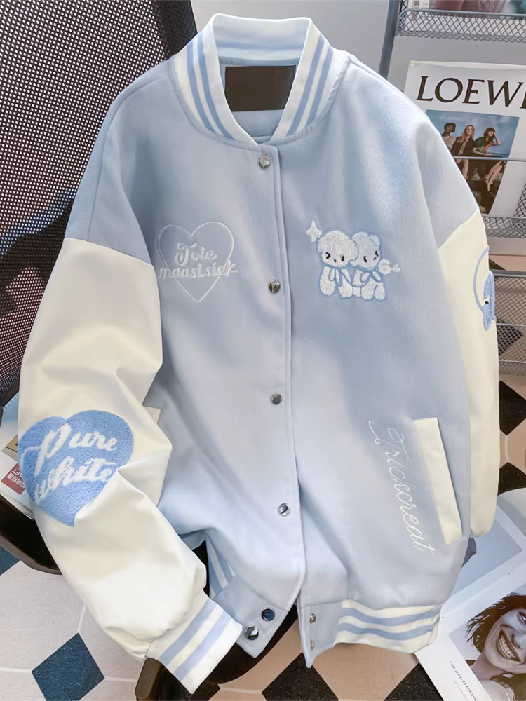 Áo khoác bóng chày nhung thêu hình chó con hợp thời trang và trẻ trung dành cho nữ, áo khoác cặp đôi phong cách đại học mùa thu đông phong cách Hàn Quốc