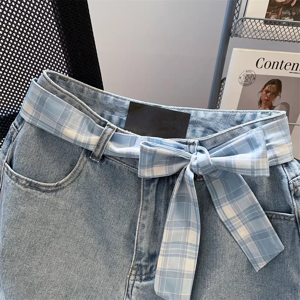 Quần short denim thắt nơ kiểu dáng rộng dành cho nữ, quần short kẻ sọc dáng chữ A cạp cao tôn dáng mùa hè