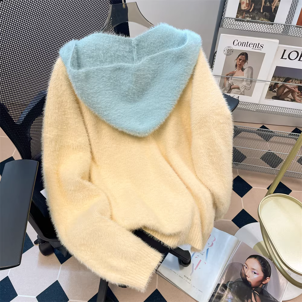 Áo len giả lông chồn dày dặn, kiểu dáng lười biếng, cao cấp dành cho nữ, mùa thu đông, nhẹ nhàng, nhỏ nhắn, chất liệu dệt kim mềm mại.
