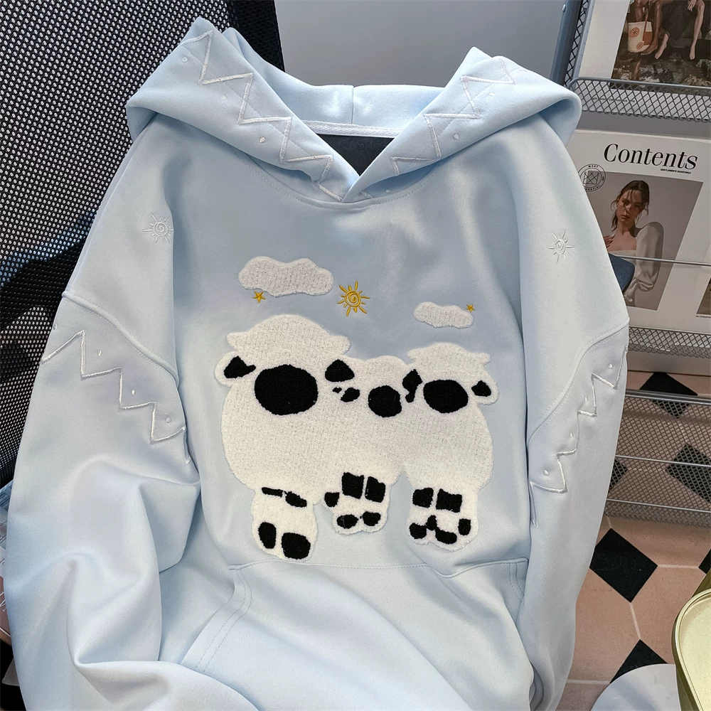 Áo len lông cừu thêu nặng kiểu Hàn Quốc dành cho nữ, áo khoác có mũ trùm đầu phong cách đại học mùa xuân cổ điển dễ thương