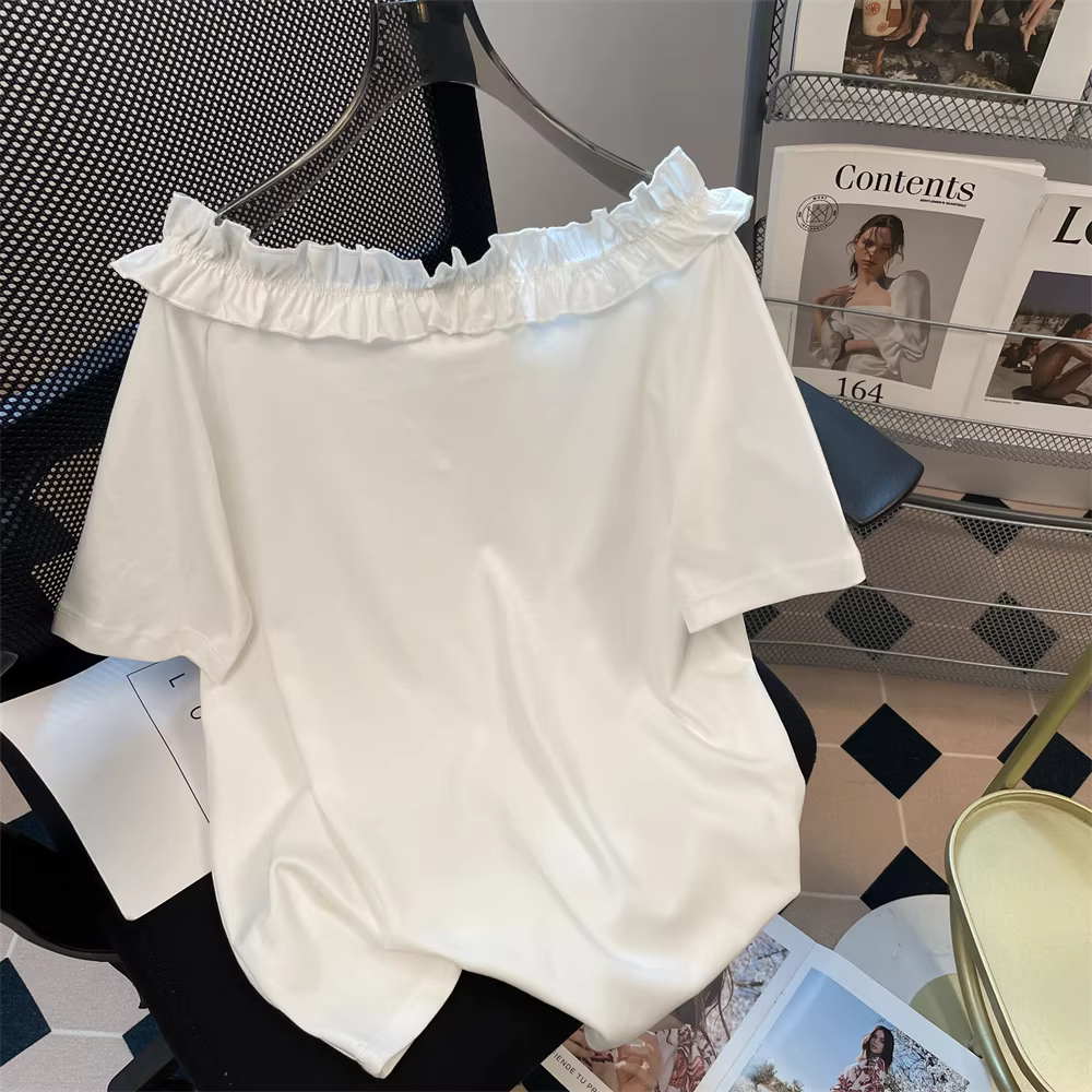 Áo thun nữ tay ngắn, cổ trễ vai, ren, phong cách retro Mỹ, cao cấp, gợi cảm, mùa hè 2025