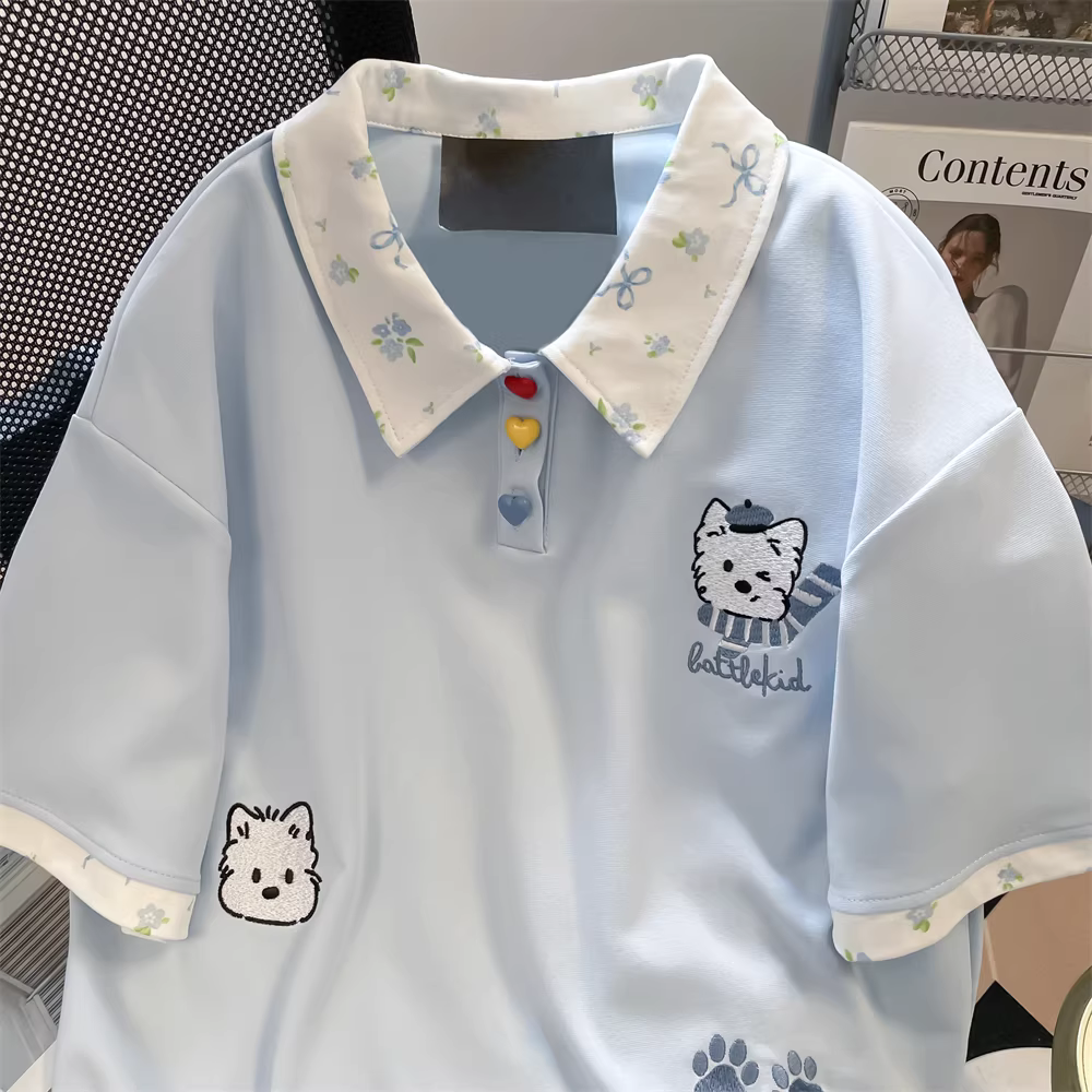 Áo polo thêu hình chó phong cách retro preppy của Mỹ dành cho nữ, áo thun ngắn tay dáng rộng phong cách Hàn Quốc mùa hè