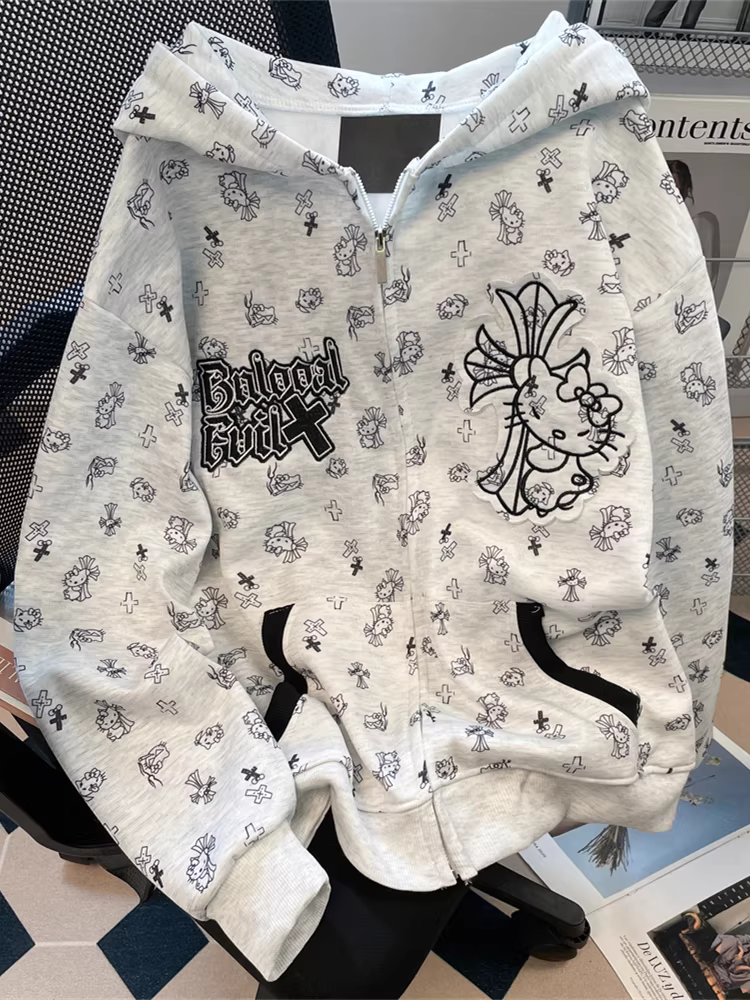 Áo nỉ có mũ trùm đầu in hình mèo KT dễ thương theo phong cách Mỹ dành cho nữ, áo khoác cardigan có khóa kéo lót lông phong cách đại học cổ điển mùa thu đông