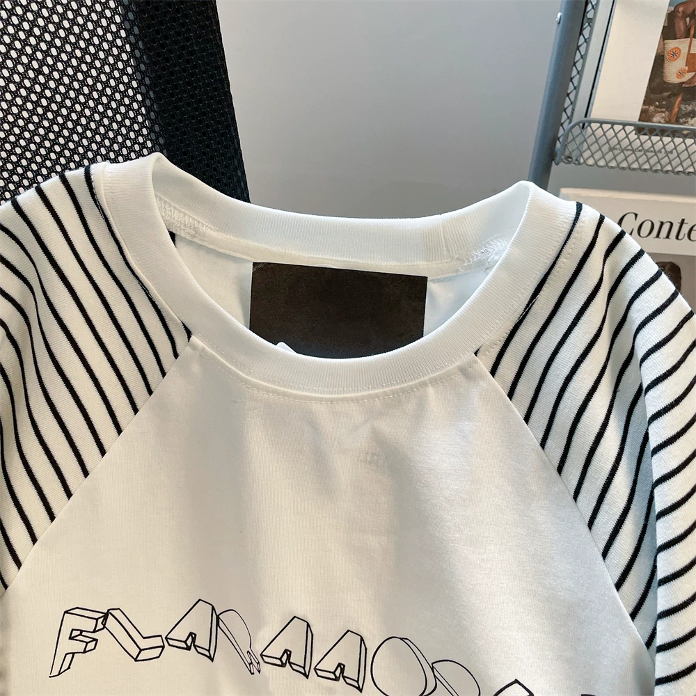 Áo thun dài tay raglan sọc cotton nguyên chất có họa tiết chữ chắp vá dành cho nữ, áo bên trong dáng rộng vừa vặn thường ngày mùa thu.