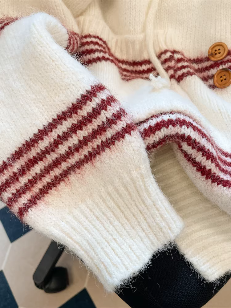 Áo khoác len có mũ trùm đầu sọc lười kiểu Hàn Quốc dành cho phụ nữ nhỏ nhắn, áo len đan len mềm cao cấp dáng rộng mùa thu đông