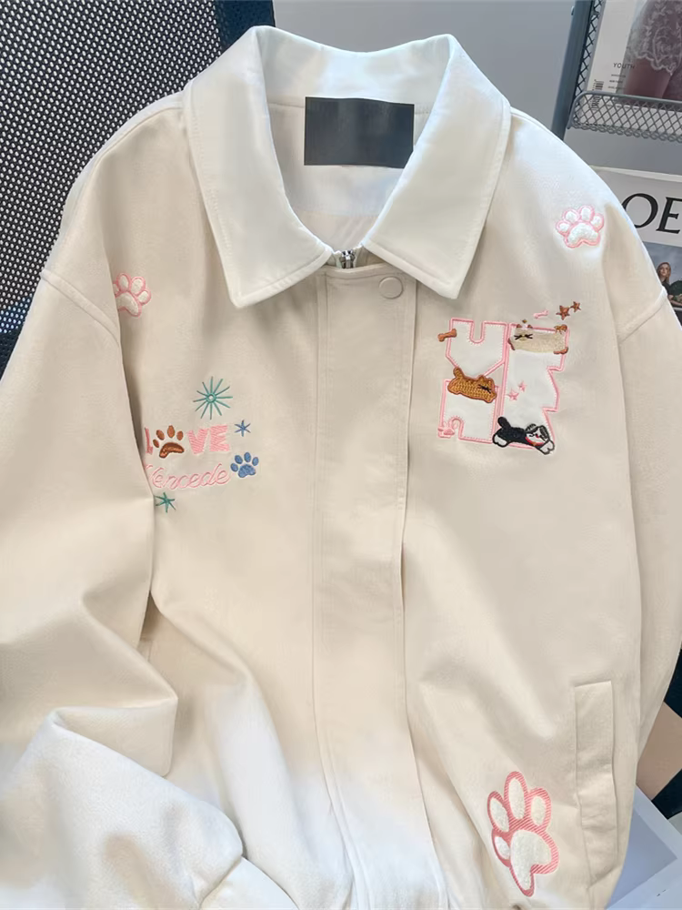 Áo khoác cổ chó thêu kiểu Nhật dành cho nữ, phiên bản Hàn Quốc mùa thu đông, áo khoác da lộn đa năng giản dị giảm tuổi tác