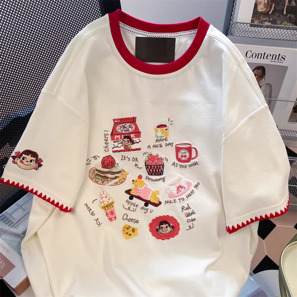 Áo thun ngắn tay thêu hoạt hình dễ thương phong cách Hàn Quốc dành cho nữ, thiết kế mùa hè, kiểu dáng độc đáo và độc đáo
