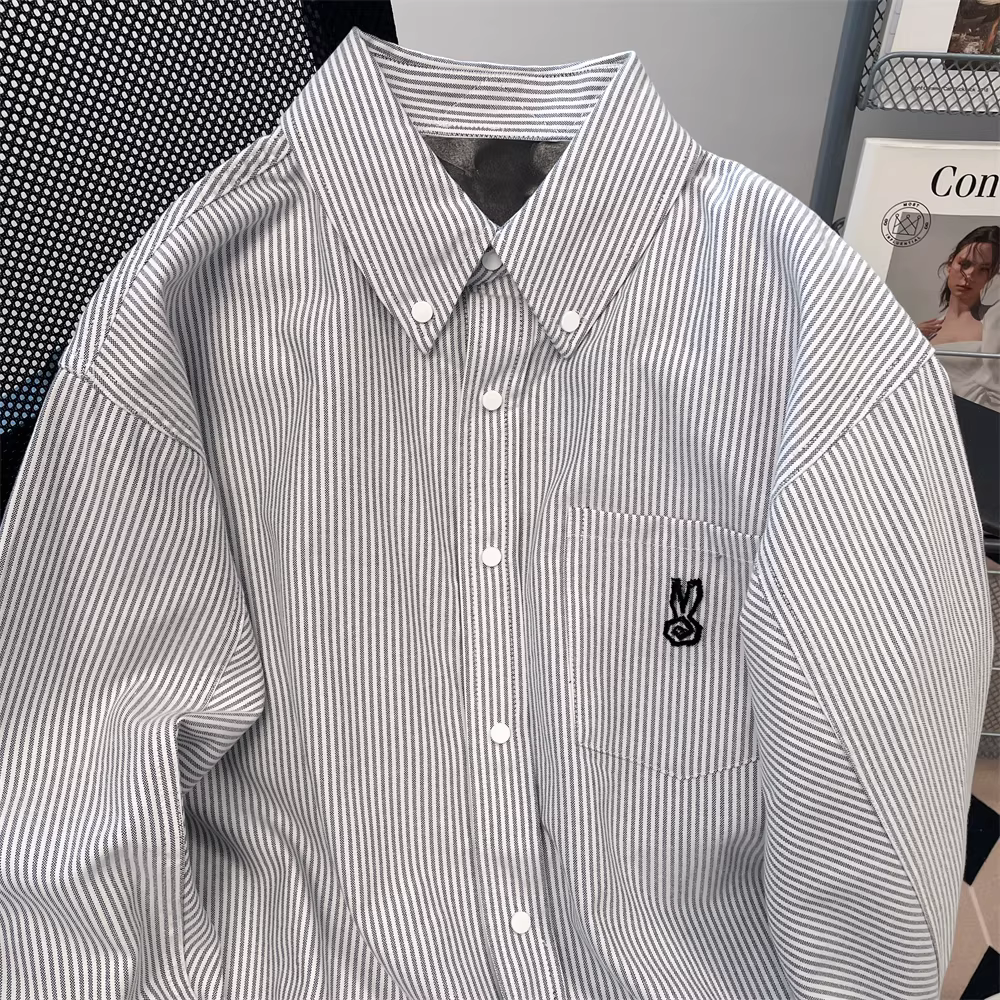 Áo sơ mi đa năng sọc thêu phong cách đại học Hàn Quốc dành cho nữ, áo và áo khoác oversize dành cho cặp đôi cao cấp mùa xuân