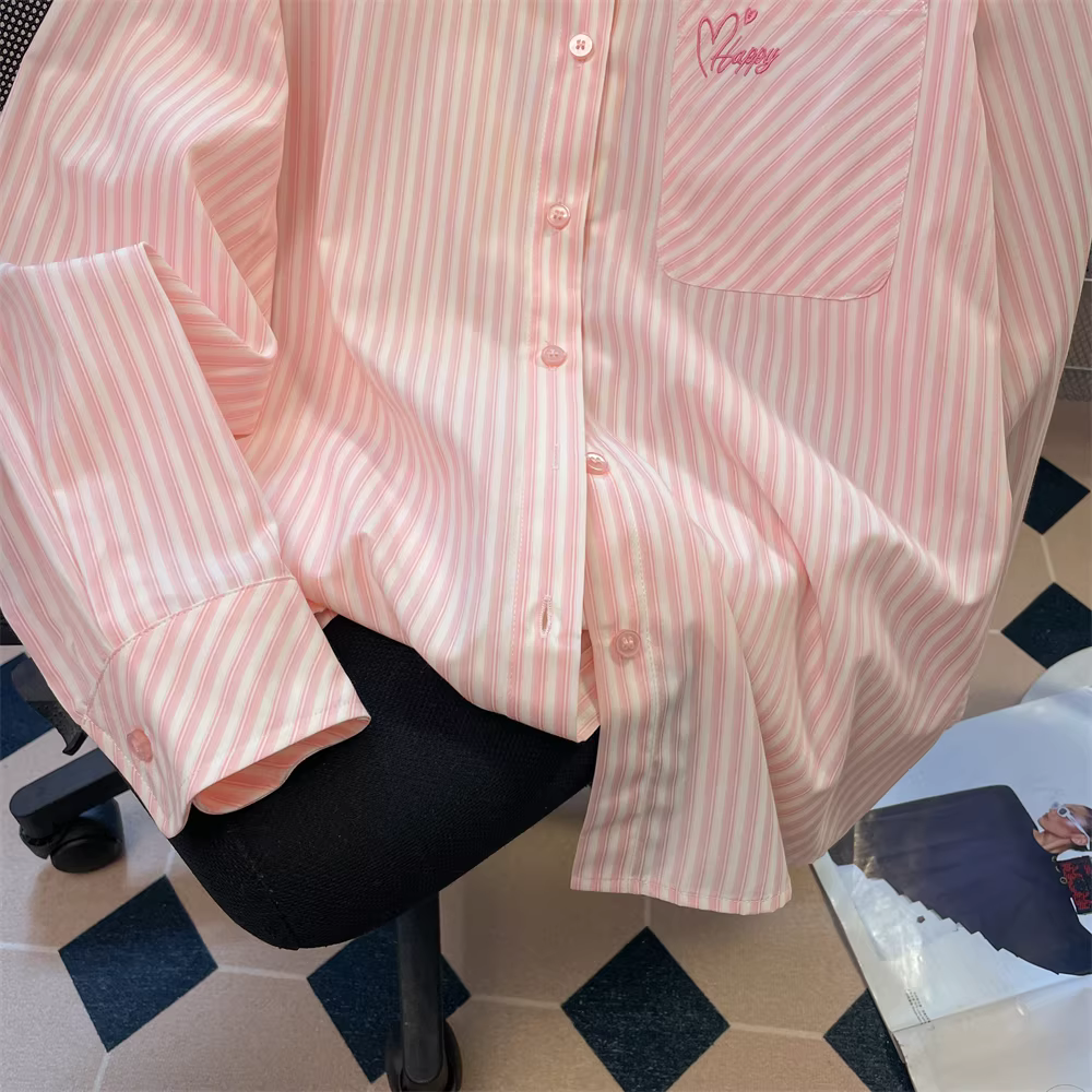 Áo sơ mi thêu chữ trái tim sọc dọc phong cách Hàn Quốc dành cho nữ, áo khoác dài tay chống nắng phong cách đại học ngọt ngào mùa thu