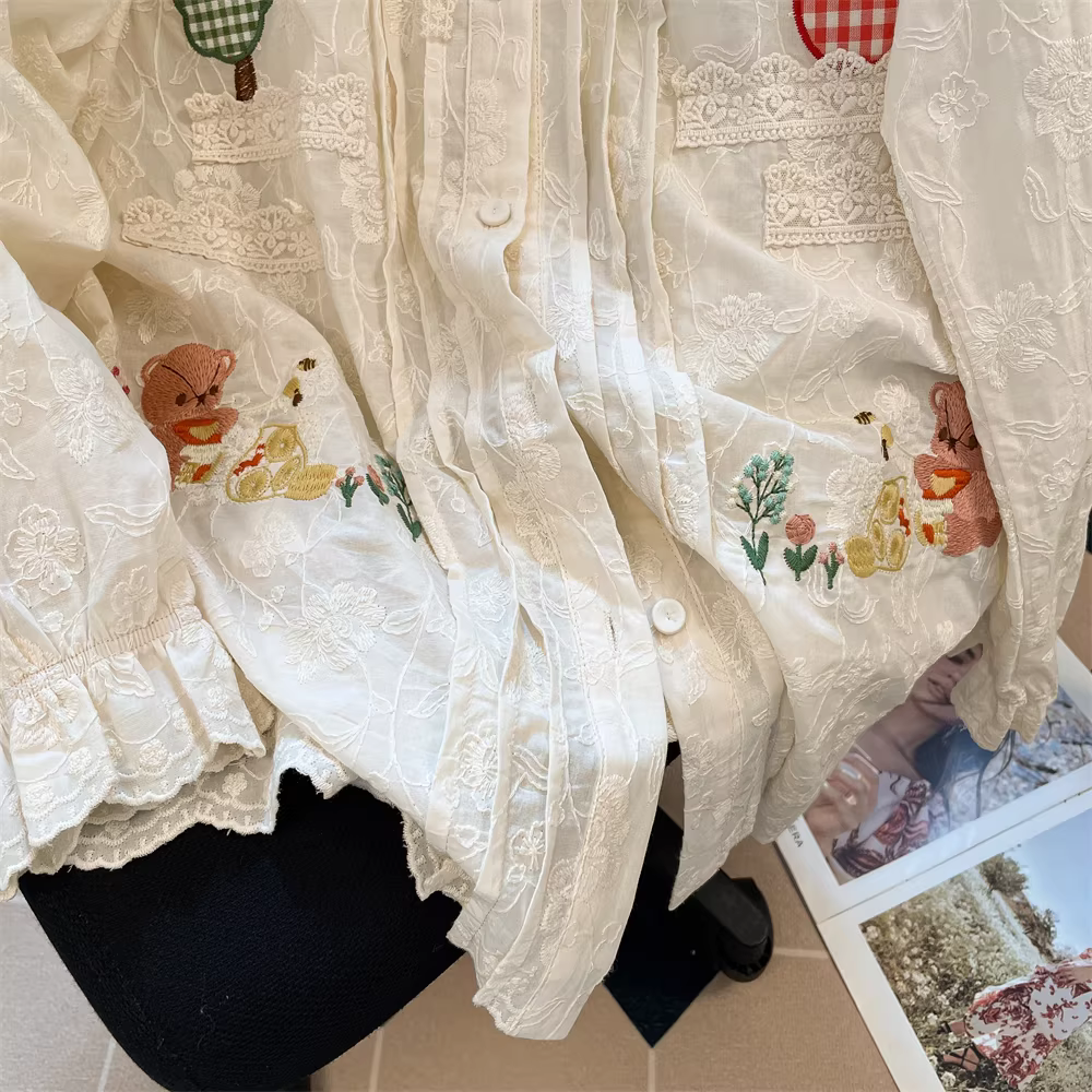 Áo sơ mi dài tay cổ búp bê ren ngọt ngào kiểu Nhật dành cho nữ, thiết kế mùa thu, áo sơ mi búp bê thêu hoa độc đáo