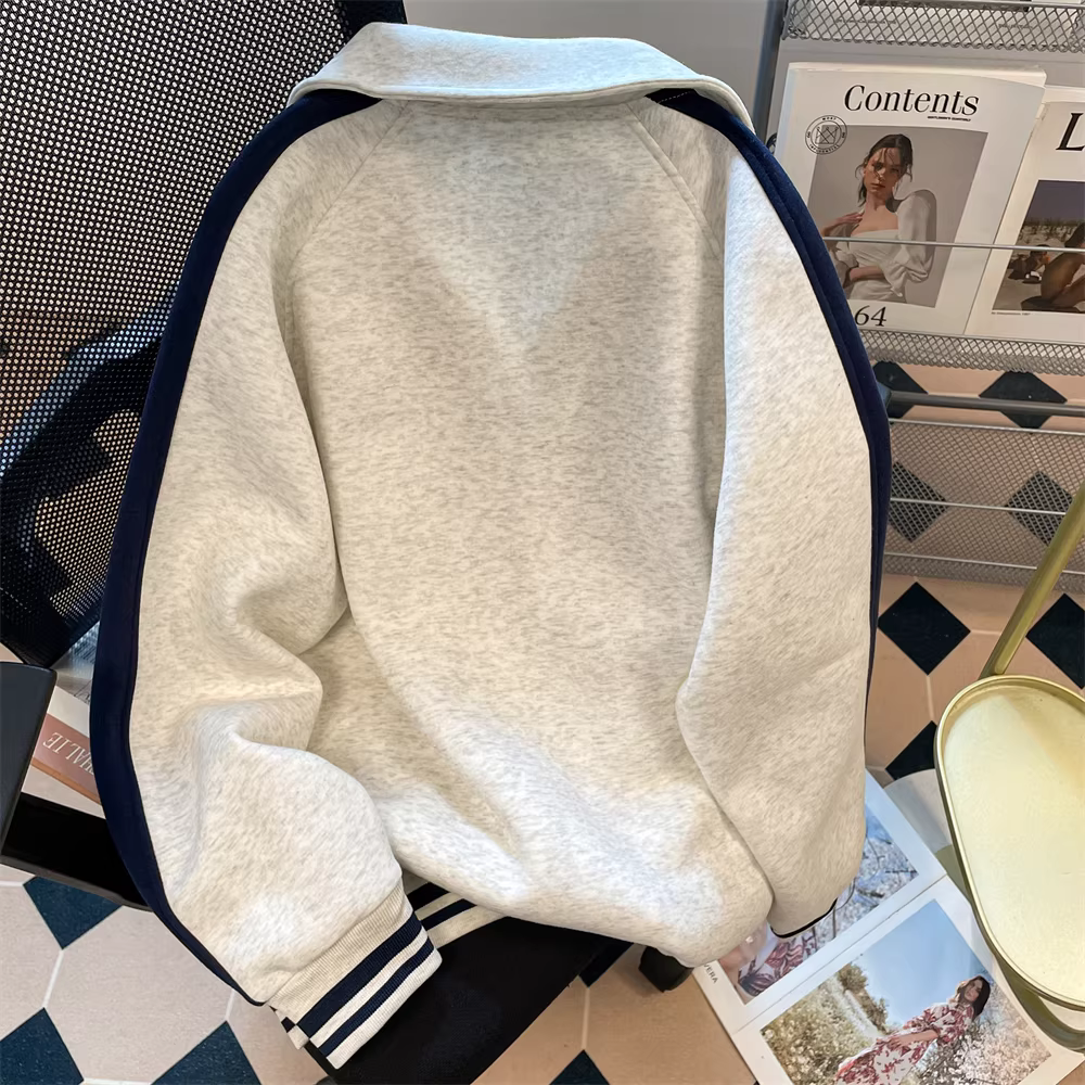 Áo len cardigan cổ đứng kiểu polo phong cách retro preppy dành cho phụ nữ và các cặp đôi, áo khoác raglan phối màu tương phản phong cách Mỹ mùa thu