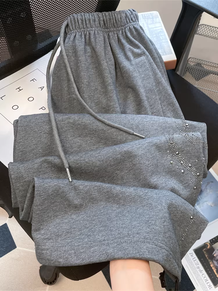 Quần dài dáng suông in hình rắn đính đá phong cách retro Mỹ dành cho nữ, quần thể thao dáng rộng, thoải mái, có dây rút, kiểu dáng thẳng, mùa thu